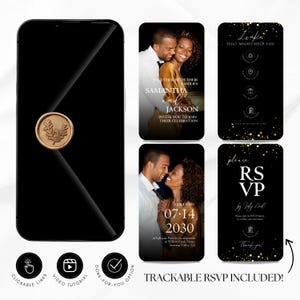 Invito di nozze digitale nero e oro, modello Canva animato per dispositivi mobili, link RSVP cliccabile e mappa, invito elettronico modificabile.
