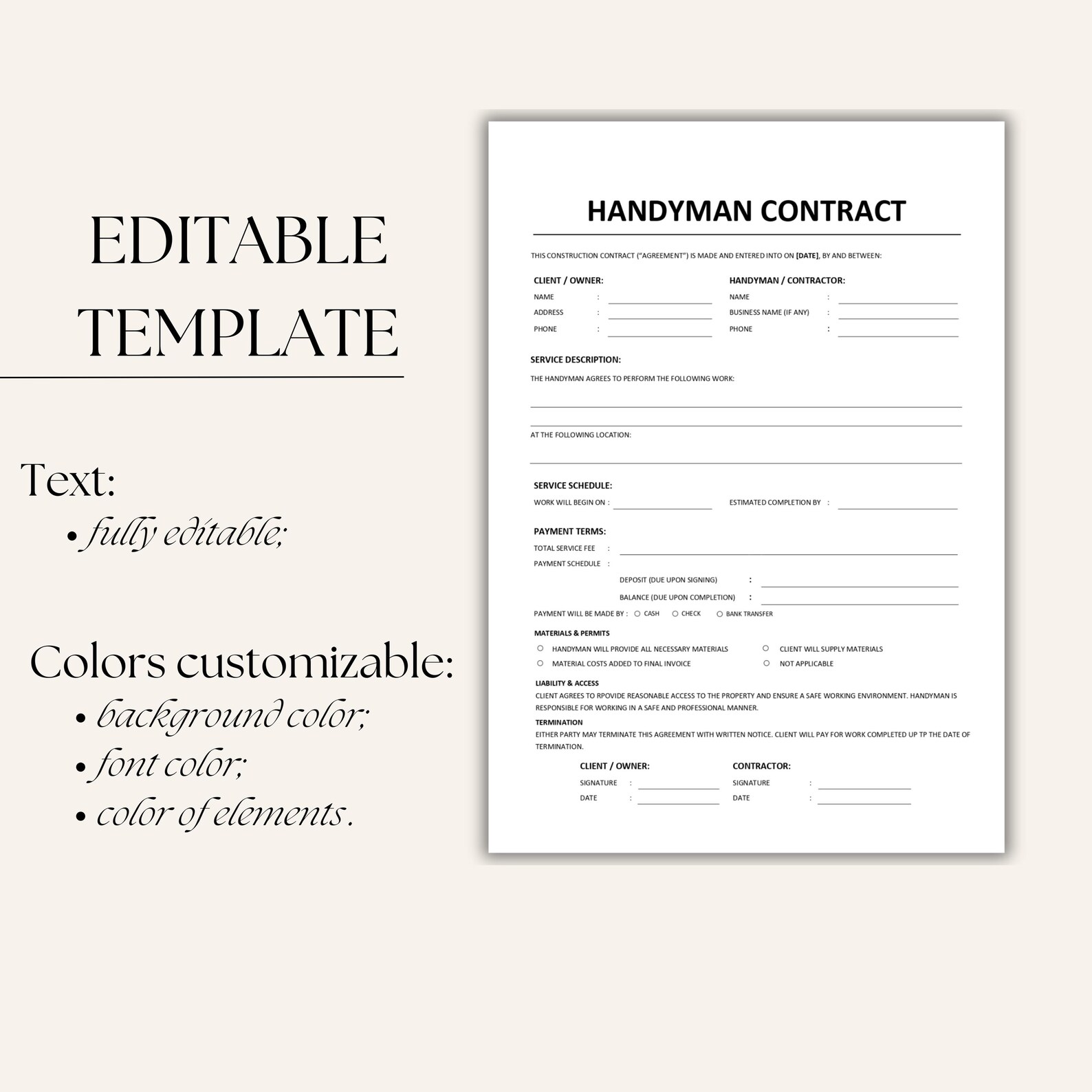 Simple Handyman Service Agreement Template Printable, Handyman