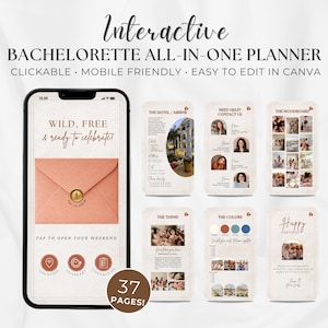 May include: A digital bachelorette party planner displayed on a smartphone, featuring a coral envelope graphic and the text "Wild, Free & Ready to Celebrate!". Additional screens show hotel details, contact info, mood boards, themes, color palettes, and party details. The planner has 37 pages.