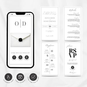 Op de afbeelding: Een smartphone toont een minimalistisch trouwkaartontwerp. Het ontwerp bevat de namen Olivia Smith en Daniel Johnson, samen met evenementdetails. Extra kaarten tonen het programma, details en RSVP-informatie. Het telefoonscherm toont klikbare links.