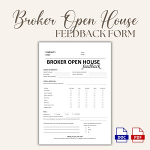 Könnte beinhalten: Ein weißes Broker Open House Feedback Formular mit schwarzem Text. Das Formular enthält Abschnitte für allgemeine Informationen, Gesamteindruck und Preis. Das Dokument hat ein DOC- und PDF-Symbol in der unteren rechten Ecke.