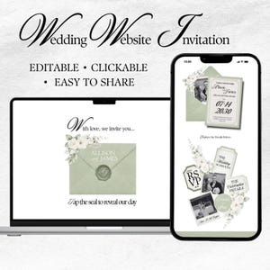 Pode incluir: Um convite digital para um site de casamento exibido em um laptop e um smartphone. O design apresenta um envelope verde sálvia com detalhes florais, os nomes "Allison e James" e a data do casamento. O texto inclui "Editável, Clicável, Fácil de compartilhar".
