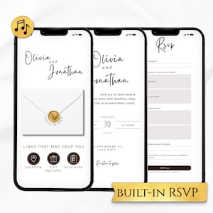 May include: Three smartphones displaying a wedding invitation and RSVP form. The invitation features the names "Olivia and Jonathan", a date, and a gold seal. The RSVP form includes fields for guest information. The phrase "Built-in RSVP" is displayed.