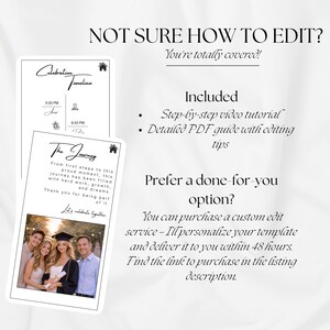Op de afbeelding: Een witte digitale sjabloon met een afstudeerthema. De sjabloon bevat een tijdlijn, een foto en de tekst "The Journey". De tekst luidt ook "Not sure how to edit? You're totally covered!" en "Prefer a done-for-you option?"