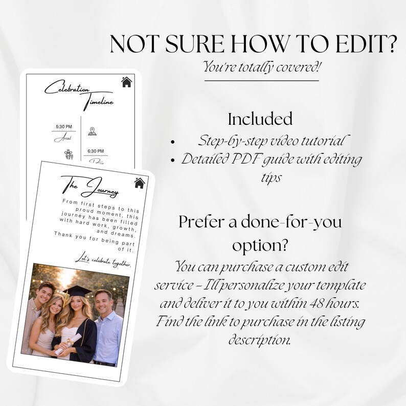Op de afbeelding: Een witte digitale sjabloon met een afstudeerthema. De sjabloon bevat een tijdlijn, een foto en de tekst "The Journey". De tekst luidt ook "Not sure how to edit? You're totally covered!" en "Prefer a done-for-you option?"