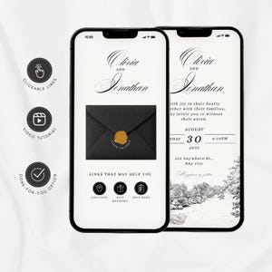 Könnte beinhalten: Zwei Smartphones, die eine Hochzeitseinladung anzeigen. Die Einladung zeigt die Namen "Olivia und Jonathan" in eleganter Schrift. Ein schwarzer Umschlag mit goldenem Siegel ist abgebildet. Zusätzliche Symbole und Text sind ebenfalls sichtbar.