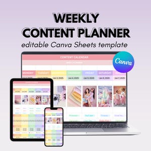 Könnte beinhalten: Ein Laptop, ein Tablet und ein Telefon, auf denen eine Vorlage für einen wöchentlichen Content-Planer mit einem bunten Kalenderrraster angezeigt wird. Die Vorlage ist für die Verwendung mit Canva konzipiert und enthält Abschnitte für verschiedene Social-Media-Plattformen wie Pinterest, YouTube und Threads.