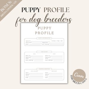 Könnte beinhalten: Eine Vorlage für ein Welpenprofil für Hundezüchter, mit Abschnitten für Welpeninformationen, Details zu Vater und Mutter sowie Kontaktinformationen des Züchters. Das Design enthält den Text "Puppy Profile" und "for dog breeders". Bearbeitbar in Canva.