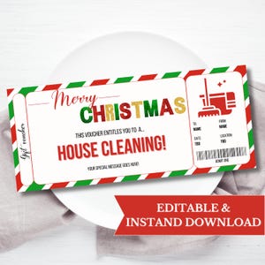 Könnte beinhalten: Ein weihnachtlicher Geschenkgutschein mit roten, grünen und goldenen Akzenten. Der Gutschein lautet "Frohe Weihnachten" und "Hausreinigung!" mit Platz für eine besondere Nachricht. Unten rechts steht "Zulassung eins".