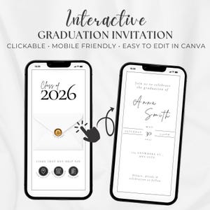 Può includere: Due smartphone che mostrano un invito di laurea. L'invito include il testo "Interactive Graduation Invitation" e "Class of 2026". Il secondo telefono mostra il nome "Anna Smith" e i dettagli dell'evento. Il design è in bianco e nero.