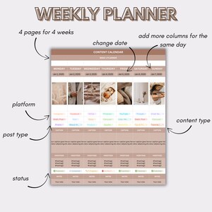 K&ouml;nnte beinhalten: Ein Wochenplaner mit beigem Hintergrund und dem Text "WEEKLY PLANNER" oben. Der Planer enth&auml;lt Abschnitte f&uuml;r jeden Wochentag mit Platz f&uuml;r Details zum Inhaltskalender, Plattform, Posttyp und Status.