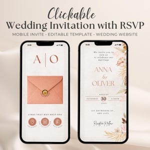 May include: Two smartphones displaying a wedding invitation. The left phone shows a peach envelope with a gold seal and the initials A and O. The right phone displays the wedding details: names, date, and time.