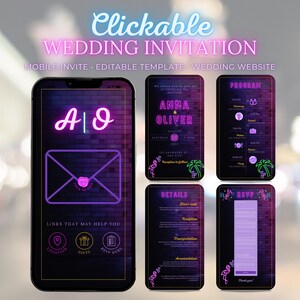 Neon Wedding Invitation Canva | Digital Mobile Wedding Invite | Clickable RSVP Program Gifts | Vegas Neon Editable Template Instant Download