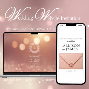 May include: A laptop and smartphone displaying a wedding website invitation. The screen shows the text Wedding Website Invitation, Editable, Instant Download, Built-in RSVP, Music, Countdown, and the names Allison and James with a pink envelope.