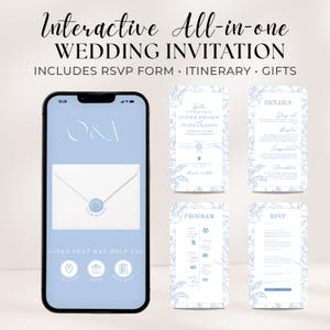 May include: An interactive all-in-one wedding invitation displayed on a smartphone. The invitation includes an RSVP form, itinerary, and gift registry. The design features a light blue color scheme with floral accents and the text "Interactive All-in-one WEDDING INVITATION".