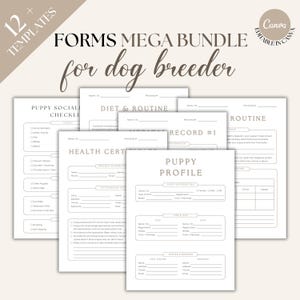 Invulbare hondenfokker puppypakket formulieren canva sjabloon megabundel minimaal, bewerkbare pdf fokkersgegevens, vaccinatie, geboorteakte CON01