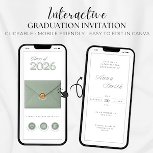 Puede incluir: Dos smartphones que muestran una invitación interactiva de graduación. La invitación incluye el texto "Clase de 2026" y detalles del evento. El diseño es fácil de editar en Canva y apto para móviles.