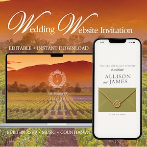 May include: A laptop and a smartphone displaying a wedding website invitation template. The screen shows a vineyard background with the text Wedding Website Invitation, Editable, Instant Download, and Built-in RSVP, Music, Countdown.
