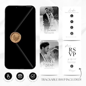 May include: A black smartphone with a gold wax seal featuring a laurel wreath design. The image includes wedding invitation templates with photos, RSVP details, and the text "Samantha and Jackson" and "Trackable RSVP Included!"