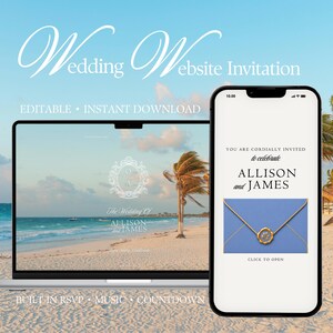 May include: A digital wedding website invitation template displayed on a laptop and a smartphone. The screens show text reading Wedding Website Invitation, Editable, Instant Download, and Built in RSVP, Music, Countdown, with beach imagery.