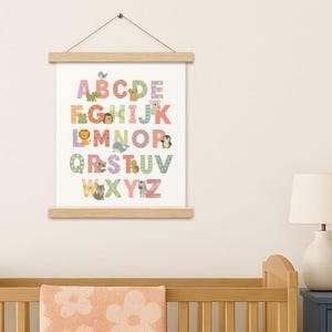 Animal Alphabet Wall Hanging with Playful Patterns, Colourful Letters & Cute Baby Animals | ABC Nursery Art Print With Magnetic Wood Frame