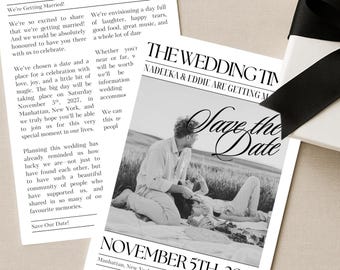 Save The Date Newspaper Card | Editable Printable CANVA TEMPLATE | Double-Sided 5x7" Black & White
