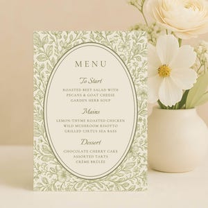 Wedding Menu Template | Editable & Printable CANVA TEMPLATE | Olive Green Botanical, Italian Vineyard