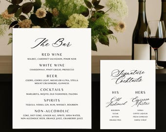 Modern Elegant Bar Menu Bundle | Editable CANVA TEMPLATES: Cocktail Menu, Signature Drinks, Wedding Bar Signs