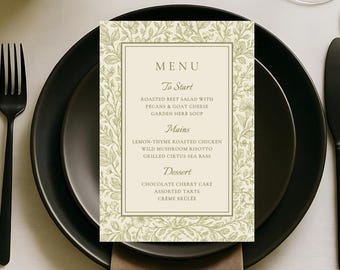 Vineyard Menu Template | Olive Green Florals | Editable & Printable CANVA TEMPLATE | Elegant Old Money Wedding