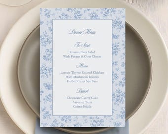 Whimsical Blue Butterflies Menu Template | Editable & Printable CANVA TEMPLATE | 5x7" Dusty Blue Elegant Wedding Table Menu