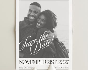 Save The Date Newspaper | Editable Printable CANVA TEMPLATE | Double-Sided 11x17" Black & White