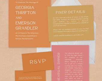 Fun & Playful Wedding Invitation Suite | Printable CANVA TEMPLATES | Modern 4 Piece Set Details RSVP
