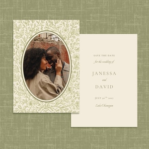 Elegant Save The Date | Editable Printable 5x7" Double-Sided CANVA TEMPLATE | Olive Green, Vineyard Florals, Oval Photo