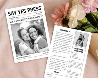 Modern Bridesmaid Proposal Newspaper Card | Editable Printable CANVA TEMPLATE | Double-Sided 5x7" Black & White