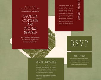 Burgundy & Olive Wedding Invitation Suite | Printable CANVA TEMPLATES | 7 Piece Set Details RSVP