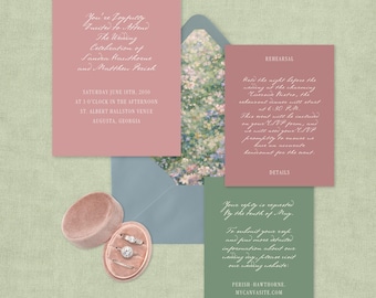 English Garden Wedding Invitation Suite | Printable CANVA TEMPLATES | 5 Piece Set Details RSVP | Dusty Rose, Green, & Dusty Blue