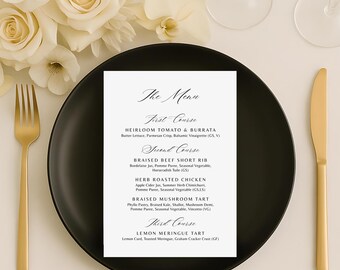 Menú de boda moderno y elegante / PLANTILLA CANVA editable e imprimible / Mesa de recepción minimalista en blanco y negro de 13 x 18 cm, menú DIY