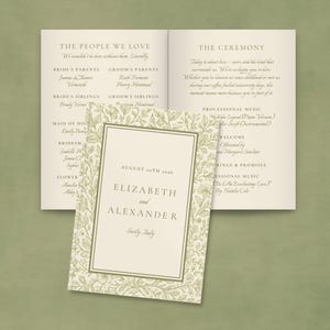 May include: A wedding stationery set including a program and invitation card. The invitation card has a floral border and the names "Elizabeth and Alexander". The program lists the wedding party and ceremony details. The color scheme is cream and olive green.