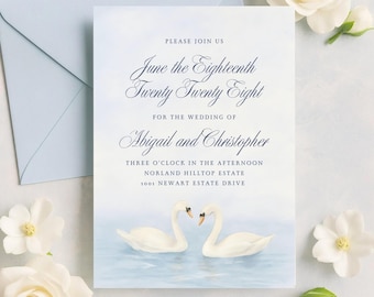 白鳥の湖の結婚式招待状テンプレート | 印刷・編集可能なCanvaテンプレート | エレガントなソフトブルーの水彩画招待状