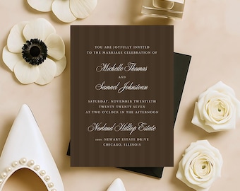 Brown Luxury Pinstripe Wedding Invitation | Customizable & Printable CANVA TEMPLATE | 5x7" Sophisticated Invite With Calligraphy Font