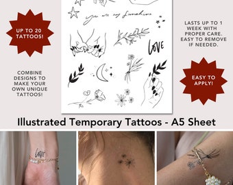 Temporary Tattoo Sheet or pack of 2 sheets - Up to 20 illustrated tattoos on 1 sheet! Perfect stocking stuffer or gift for a friend!