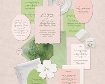 Spring Garden Wedding Invitation Suite | Printable CANVA TEMPLATES | 5 Piece Set Details RSVP | Pink & Green