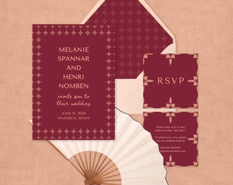 Spanish Tile Wedding Invitation Suite | Editable CANVA TEMPLATES | Burgundy Mediterranean Destination Wedding Invite Set, RSVP & Details