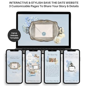 May include: A laptop and three smartphones display a wedding website template. The laptop shows an envelope on a silver tray with flowers. The phones show different pages with text and images. The text reads "Interactive & Stylish Save The Date Website".