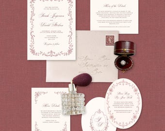 Elegant Wedding Invitation Suite | Printable CANVA TEMPLATES | 7 Piece Set Details RSVP, Ornate Border