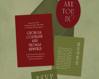 Groovy Wedding Invitation Suite | Printable CANVA TEMPLATES | 7 Piece Set Details RSVP | Burgundy & Olive Green Colour Blocking