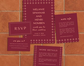 Spanish Tile Wedding Invitation Suite | Editable CANVA TEMPLATES | Burgundy Mediterranean Destination Wedding Invite Set, RSVP & Details