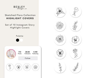 IG Cover Set | 10 Instagram Story Highlight Covers | Sketched Flora Collection | Black & White Palette