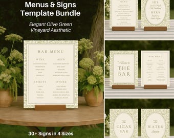 Elegant Olive Green Bar Signs Bundle, Vineyard Aesthetic | Editable CANVA TEMPLATES: Cocktail Menu, Signature Drinks & Wedding Bar Signage