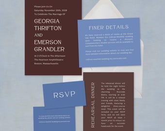Bold Blue & Brown Wedding Invitation Suite | Printable CANVA TEMPLATES | 4 Piece Set Details RSVP